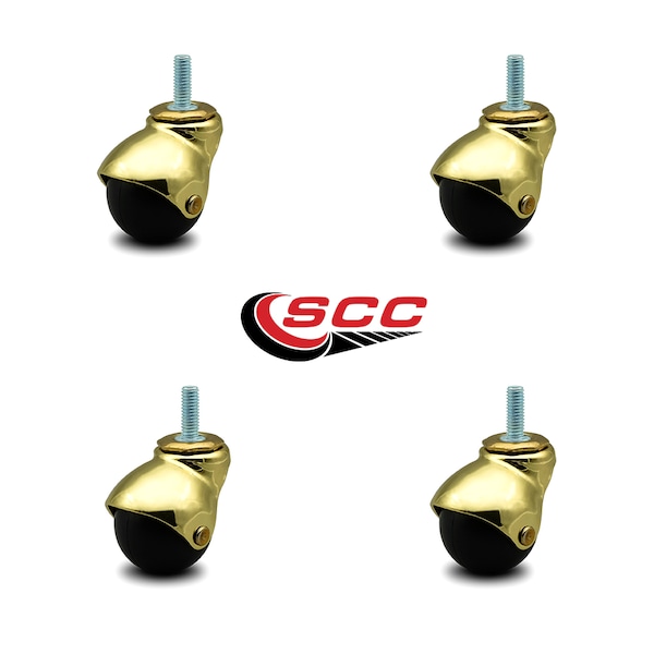 2 Inch Bright Brass Hooded 3/8 Inch Threaded Stem Ball Casters SCC, 4PK